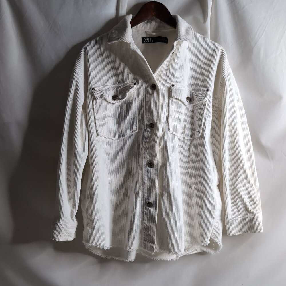 Zara Women's White Corduroy Button Up Jacket Distressed Button/Pockets, Small